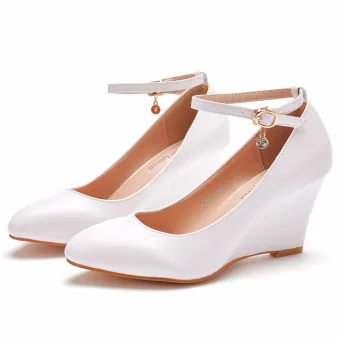 Fashion White Wedding Shoes 2021 8 Cm Wedges Wedding Ankle Strap Pumps Pointed Toe