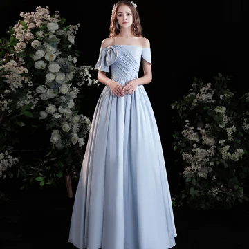 Chic Beautiful Sky Blue Satin Prom Dresses 2021 A Line Princess Off The Shoulder Short Sleeve Backless Floor Length Long Prom Formal Dresses