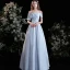 Chic / Beautiful Sky Blue Satin Prom Dresses 2021 A-Line / Princess Off-The-Shoulder Short Sleeve Backless Floor-Length / Long Prom Formal Dresses