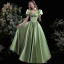 Elegant Sage Green Satin Prom Dresses 2021 A-Line / Princess Square Neckline Puffy Short Sleeve Backless Bow Floor-Length / Long Formal Dresses