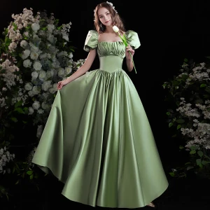 Elegante Salbeigrün Satin Ballkleider 2021 A Linie Eckiger Ausschnitt Geschwollenes Kurze Ärmel Rückenfreies Schleife Lange Festliche Kleider