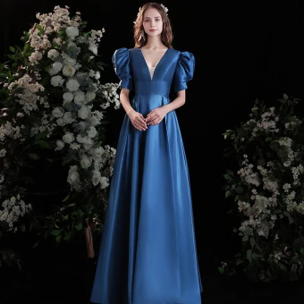 Vintage Originale Bleu Roi Satin Robe De Bal 2021 Princesse V Cou Gonflée Manches Courtes Dos Nu Longue Promo Robe De Ceremonie