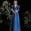 Vintage / Retro Royal Blue Satin Prom Dresses 2021 A-Line / Princess V-Neck Puffy Short Sleeve Backless Floor-Length / Long Prom Formal Dresses