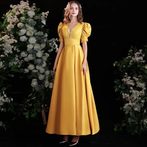 Vintage Retro Yellow Satin Prom Dresses 2021 A Line Princess V Neck Puffy Short Sleeve Backless Floor Length Long Formal Dresses