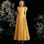 Vintage / Retro Yellow Satin Prom Dresses 2021 A-Line / Princess V-Neck Puffy Short Sleeve Backless Floor-Length / Long Formal Dresses