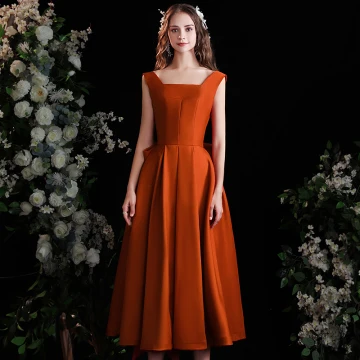 Fashion Orange Homecoming Satin Graduation Dresses 2021 A Line Princess Square Neckline Sleeveless Backless Bow Tea Length Formal Dresses