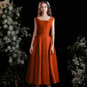 Fashion Orange Homecoming Satin Graduation Dresses 2021 A Line Princess Square Neckline Sleeveless Backless Bow Tea Length Formal Dresses