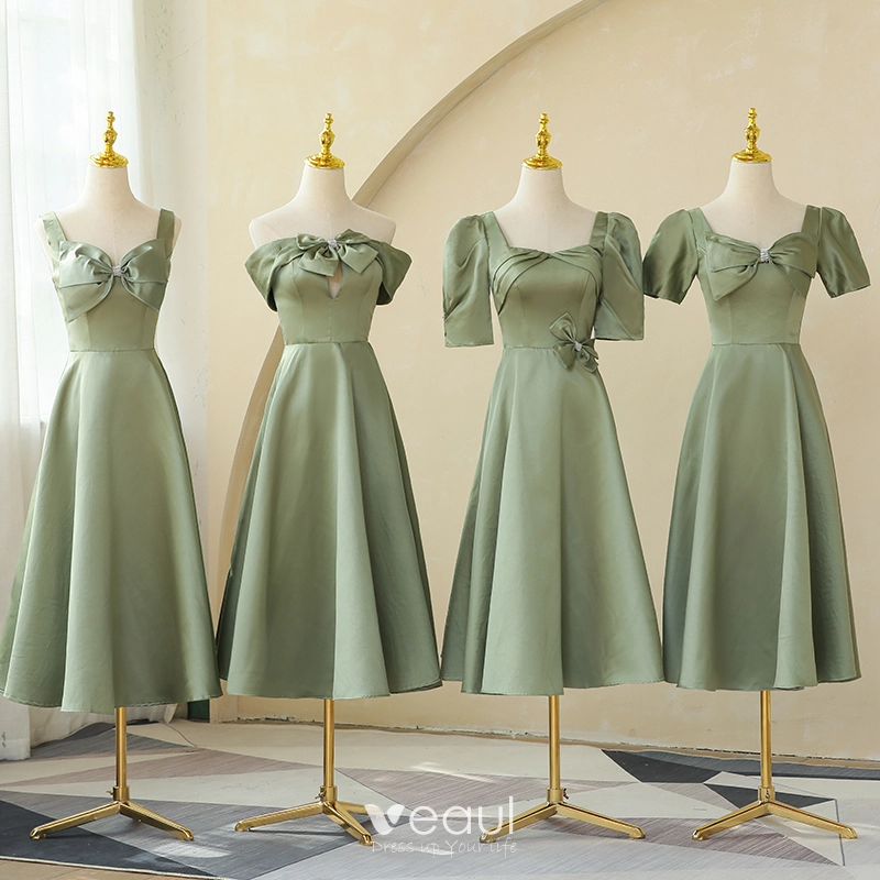 Modest / Simple Sage Green Satin Bridesmaid Dresses A-Line / Princess 2021 Short Sleeve Backless Floor-Length / Long Wedding Party Dresses Modest / Simple Sage Green Satin Bridesmaid Dresses A-Line / Princess 2021 Short Sleeve Backless Floor-Length / Long Wedding Party Dresses