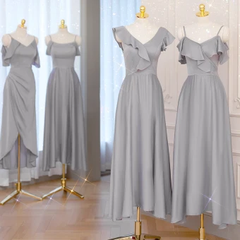 Simple Gris Satin Robe Demoiselle D Honneur 2021 Princesse Bretelles Spaghetti Manches Courtes Dos Nu Thé Longueur Robe Pour Mariage