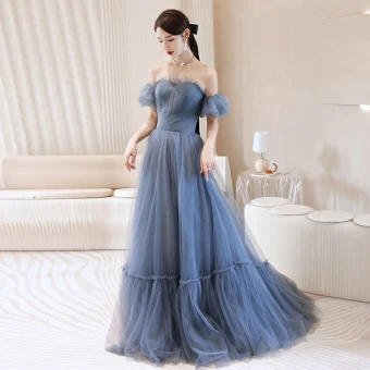 Chic Belle Bleu Robe De Bal 2021 Princesse De L Épaule Gonflée Manches Courtes Dos Nu Train De Balayage Robe De Ceremonie