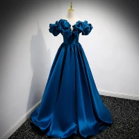 Fashion Royal Blue Satin Prom Dresses 2021 A-Line / Princess Ruffle Off-The-Shoulder Sleeveless Backless Floor-Length / Long Prom Formal Dresses