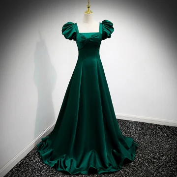 Vintage Retro Dark Green Satin Prom Dresses 2021 A Line Princess Square Neckline Puffy Short Sleeve Backless Floor Length Long Prom Formal Dresses