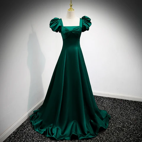Vintage Dunkelgrün Satin Ballkleider 2021 A Linie Eckiger Ausschnitt Geschwollenes Kurze Ärmel Rückenfreies Lange Ball Festliche Kleider