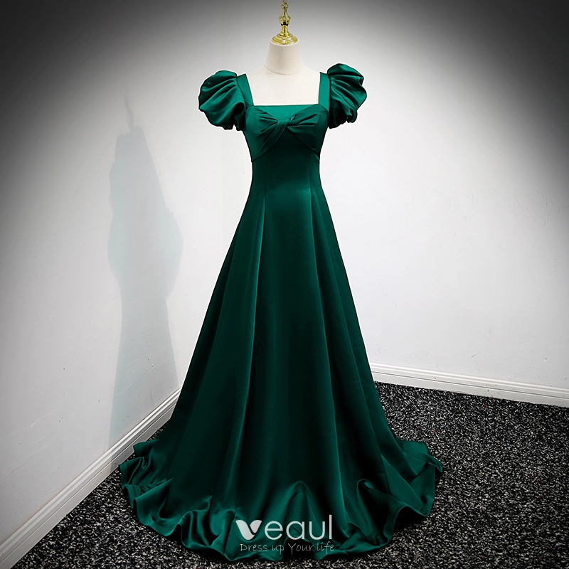 Vintage / Retro Dark Green Satin Prom Dresses 2021 A-Line / Princess Square Neckline Puffy Short Sleeve Backless Floor-Length / Long Prom Formal Dresses Vintage / Retro Dark Green Satin Prom Dresses 2021 A-Line / Princess Square Neckline Puffy Short Sleeve Backless Floor-Length / Long Prom Formal Dresses