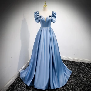 Mode Bleu Ciel Satin Robe De Bal 2021 Princesse Encolure Carrée Gonflée Manches Courtes Dos Nu Perlage Perle Noeud Faux Diamant Ceinture Longue Promo Robe De Ceremonie