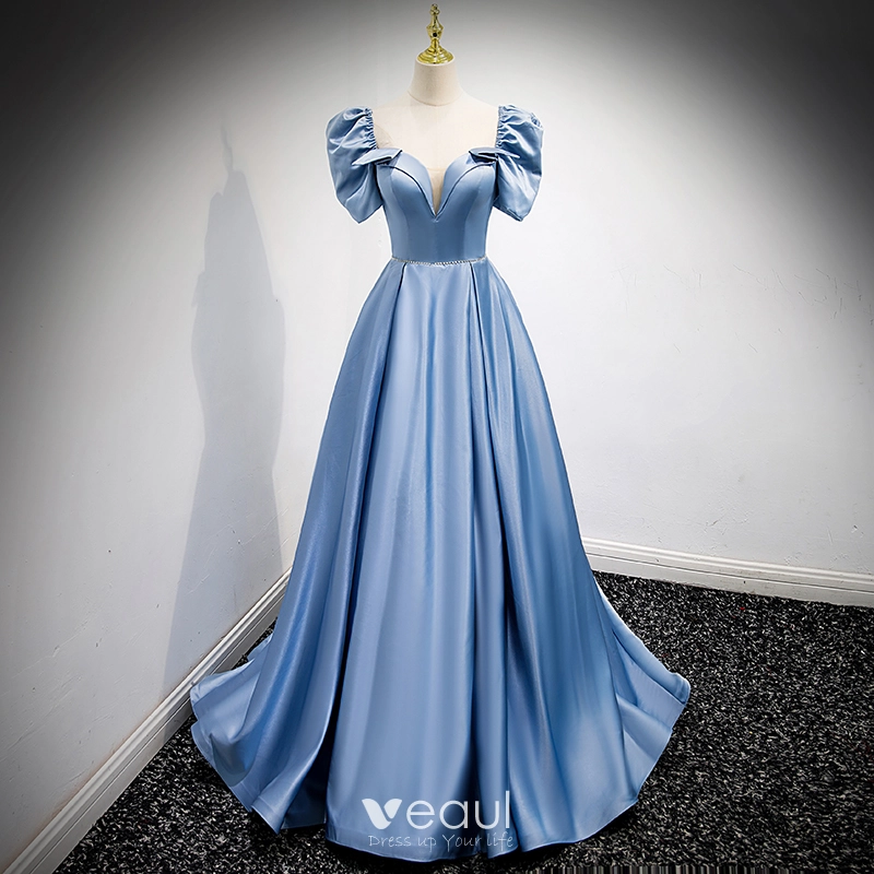 Blue Satin Beading Square Neck A Line Puffy Sleeve Prom Dress Blue Satin Beading Square Neck A Line Puffy Sleeve Prom Dress
