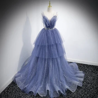 Charming Sky Blue Cascading Ruffles Prom Dresses 2021 A Line Princess Spaghetti Straps Beading Rhinestone Sequins Sleeveless Backless Sweep Train Prom Formal Dresses