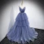 Charmant Himmelblau Fallende Rüsche Ballkleider 2021 A Linie Spaghettiträger Perlenstickerei Strass Pailletten Ärmellos Rückenfreies Sweep / Pinsel Zug Ball Festliche Kleider