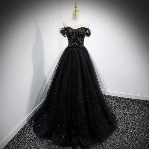 Charmant Noire Paillettes Robe De Bal 2021 Princesse De L Épaule Manches Courtes Dos Nu Longue Promo Robe De Ceremonie