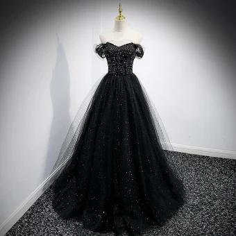 Charmant Noire Paillettes Robe De Bal 2021 Princesse De L Épaule Manches Courtes Dos Nu Longue Promo Robe De Ceremonie