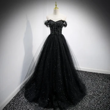 Charmant Noire Paillettes Robe De Bal 2021 Princesse De L Épaule Manches Courtes Dos Nu Longue Promo Robe De Ceremonie