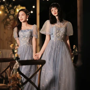 Mode Bleu Ciel Perlage Paillettes Robe Demoiselle D Honneur 2021 Princesse Perle Faux Diamant Manches Courtes Dos Nu Longue Robe Pour Mariage