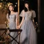 Fashion Sky Blue Beading Sequins Bridesmaid Dresses 2021 A-Line / Princess Pearl Rhinestone Short Sleeve Backless Floor-Length / Long Wedding Party Dresses