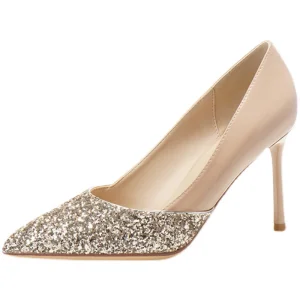 Charmant Champagne Pumps Pailletten Avond Pumps 2021 10 Cm Naaldhakken Stiletto Spitse Neus Pumps Hoge Hakken
