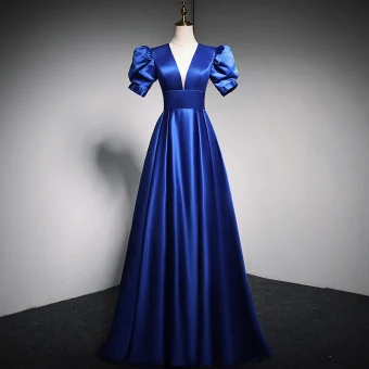 Vintage Originale Bleu Roi Robe De Bal 2021 Princesse V Cou Gonflée Manches Courtes Dos Nu Longue Satin Robe De Ceremonie