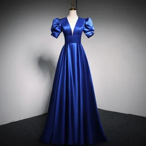 Vintage Azul Real Vestidos De Gala 2021 A Line Princess V Cuello Hinchado Manga Corta Sin Espalda Largos Satén Vestidos Formales