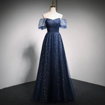 Charmant Bleu Marine Étoile Paillettes Robe De Bal 2021 Princesse V Cou Manches Courtes Dos Nu Longue Robe De Ceremonie