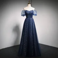 Encantador Marino Oscuro Estrella Lentejuelas Vestidos de gala 2021 A-Line / Princess V-Cuello Manga Corta Sin Espalda Largos Vestidos Formales