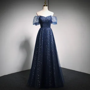 Encantador Marino Oscuro Estrella Lentejuelas Vestidos De Gala 2021 A Line Princess V Cuello Manga Corta Sin Espalda Largos Vestidos Formales