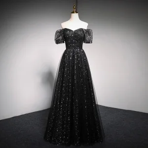 Charmant Noire Étoile Paillettes Robe De Bal 2021 Princesse Encolure Carrée Gonflée Manches Courtes Dos Nu Longue Promo Robe De Ceremonie