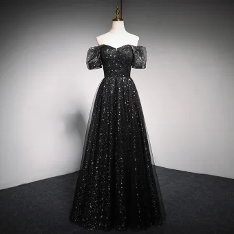 Charmant Noire Étoile Paillettes Robe De Bal 2021 Princesse Encolure Carrée Gonflée Manches Courtes Dos Nu Longue Promo Robe De Ceremonie