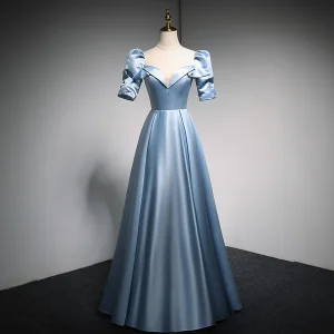 Mode Bleu Ciel Satin Robe De Bal 2021 Princesse Encolure Carrée Manches Courtes Dos Nu Paillettes Noeud Longue Robe De Ceremonie