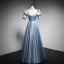 Fashion Sky Blue Satin Prom Dresses 2021 A-Line / Princess Square Neckline Short Sleeve Backless Sequins Bow Floor-Length / Long Formal Dresses