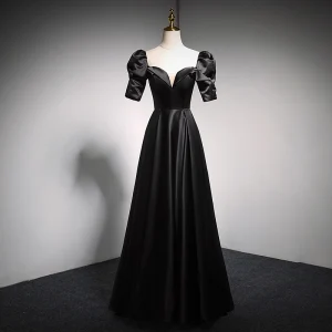 Classy Black Satin Prom Dresses 2021 A Line Princess Square Neckline Puffy Short Sleeve Backless Sequins Bow Floor Length Long Formal Dresses