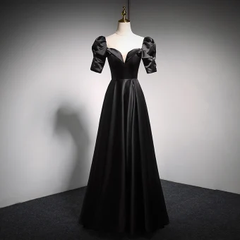 Chic Noire Satin Robe De Bal 2021 Princesse Encolure Carrée Gonflée Manches Courtes Dos Nu Paillettes Noeud Longue Robe De Ceremonie