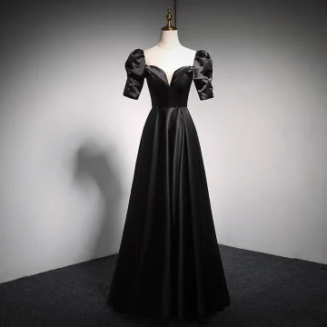 Chic Noire Satin Robe De Bal 2021 Princesse Encolure Carrée Gonflée Manches Courtes Dos Nu Paillettes Noeud Longue Robe De Ceremonie
