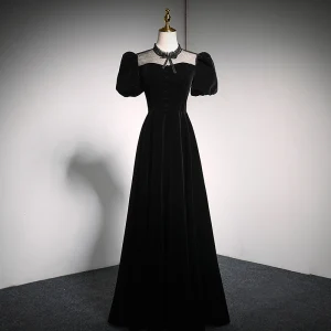 Élégant Noire Daim Robe De Bal 2021 Princesse Col Haut Noeud Gonflée Manches Courtes Dos Nu Longue Robe De Ceremonie