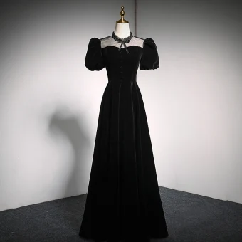 Élégant Noire Daim Robe De Bal 2021 Princesse Col Haut Noeud Gonflée Manches Courtes Dos Nu Longue Robe De Ceremonie