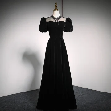 Elegant Black Suede Prom Dresses 2021 A Line Princess High Neck Bow Puffy Short Sleeve Backless Floor Length Long Formal Dresses