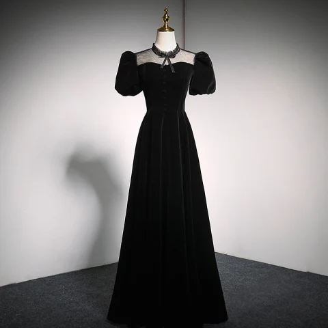 Elegant Black Suede Prom Dresses 2021 A-Line / Princess High Neck Bow Puffy Short Sleeve Backless Floor-Length / Long Formal Dresses