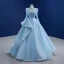 High-end Pool Blue Beading Sequins Prom Dresses 2021 A-Line / Princess High Neck Long Sleeve Sweep Train Formal Dresses