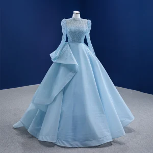 Haut De Gamme Bleu Perlage Paillettes Robe De Bal 2021 Princesse Col Haut Manches Longues Train De Balayage Robe De Ceremonie