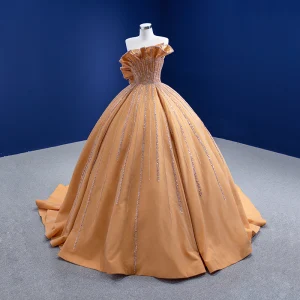 Haut De Gamme Champagne Perlage Paillettes Robe De Mariée 2021 Robe Boule Volants Bustier Sans Manches Dos Nu Tribunal Train Mariage