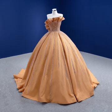 Haut De Gamme Champagne Perlage Paillettes Robe De Mariée 2021 Robe Boule Volants Bustier Sans Manches Dos Nu Tribunal Train Mariage