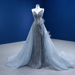 Sexy Gris Robe De Soirée 2021 Trompette Sirène Bustier Perlage Perle Paillettes Gland Sans Manches Dos Nu Fendue Devant Tribunal Train Soirée Robe De Ceremonie