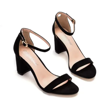 Simple Noire Vêtement De Rue Sandales Femme 2021 Bride Cheville 7 Cm Talons Épais Peep Toes Bout Ouvert Sandales Talons Hauts